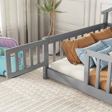 Hearth and Haven Twin House-Shaped Bedside Floor Bed with Guardrails, Slats, with Door, Grey W504P143301
