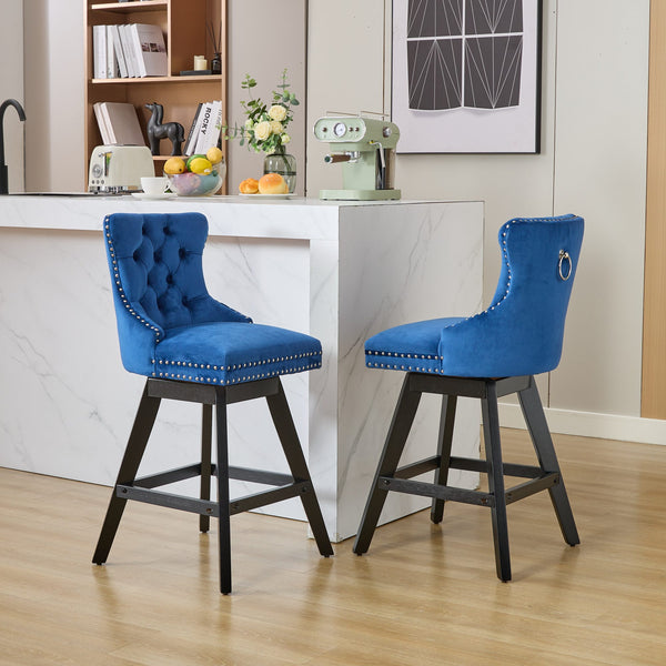 English Elm Swivel Velvet Barstool with Tufted Back, 360° Swivel, Plush Foam & Steel Spring Seat, Sturdy Wood Frame (Set of 2) Blue W1143P241331