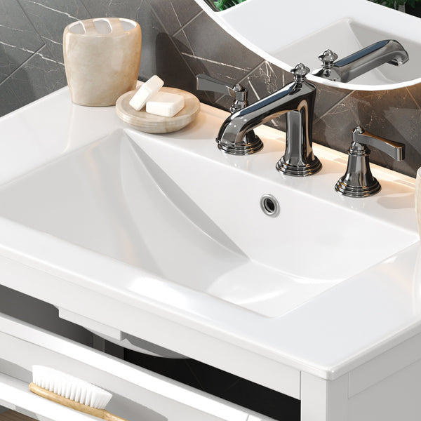 English Elm Christopher Knight Home® - 30" Bathroom Vanity with Ceramic Sink, Solid Wood Legs, Adjustable Shelf, Tip-Out Tray, Soft-Close Hinges, Silver Knobs, Moisture-Resistant Finish White N817P286250W