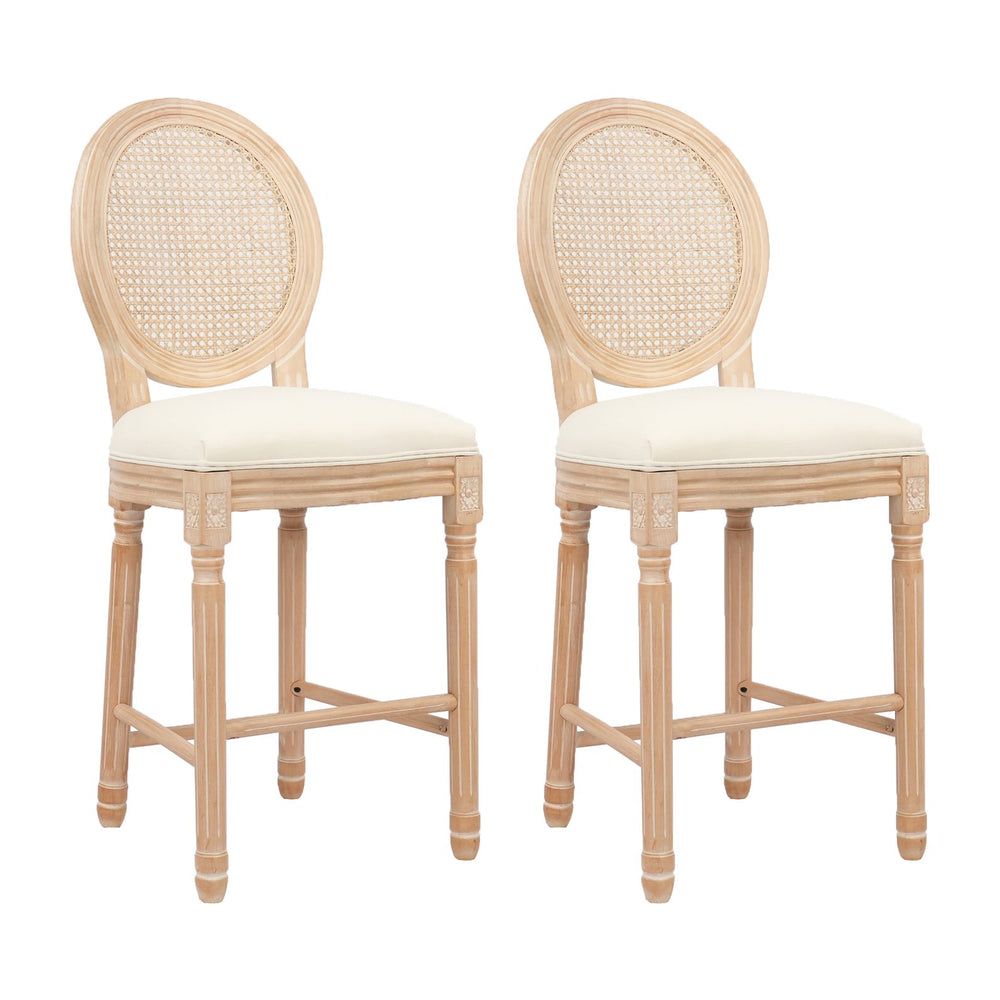 English Elm Hengming French Country Wooden Barstools With Rattan Back & Padded Beige Seat For Stylish Comfort W212P185981