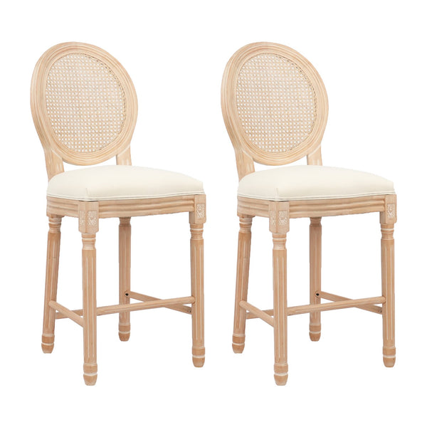 English Elm Hengming French Country Wooden Barstools With Rattan Back & Padded Beige Seat For Stylish Comfort W212P185981