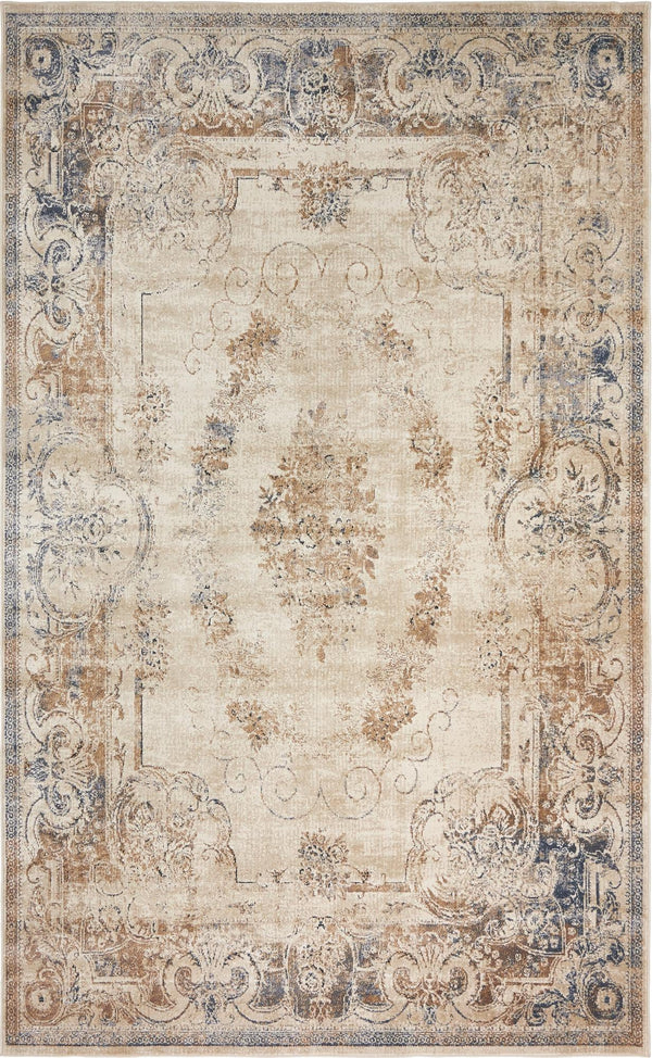 Unique Loom Chateau Lincoln Machine Made Border Rug Blue Cream, Brown/Gray/Beige 5' 1" x 8' 0"
