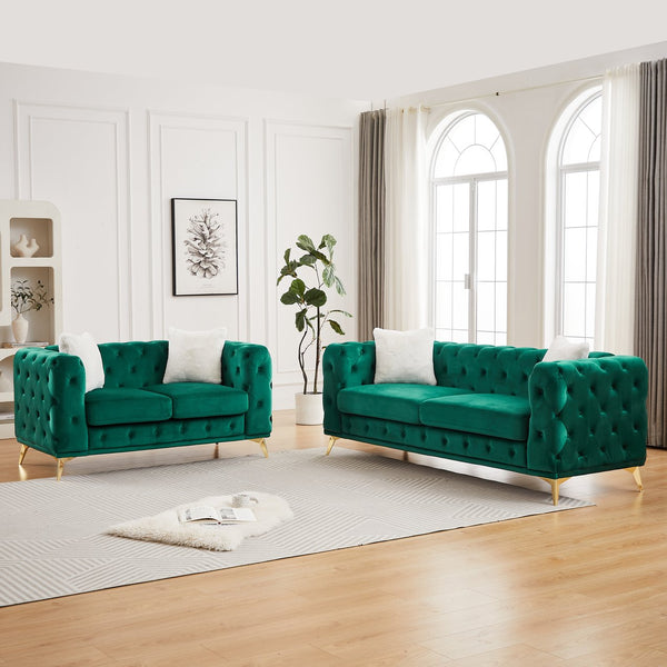 English Elm Fx Chesterfield Sofa Set Tufted Tech Fabric Upholstered Living Room Seating Combo Green W1926S00086