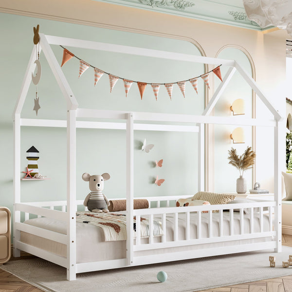 English Elm Twin Pine House Frame Floor Bed with Peaked Roof and Fence Guardrails for Kids White W1858P389938