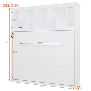 English Elm Queen Murphy Wall Bed Cabinet with Integrated Shelves Usb Charging Space Saving Design White LP006668AAK-1