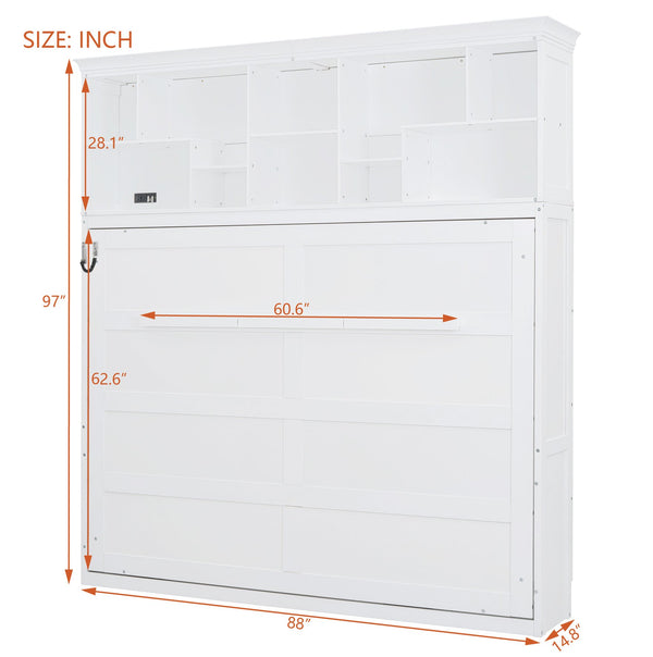 English Elm Queen Murphy Wall Bed Cabinet with Integrated Shelves Usb Charging Space Saving Design White LP006668AAK-1