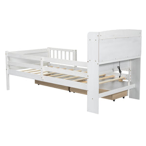 English Elm Wood Twin Size Platform Bed with Built-in LED Light, Multifunctional Headboard, Guardrail & Storage Drawers White N709P243969K