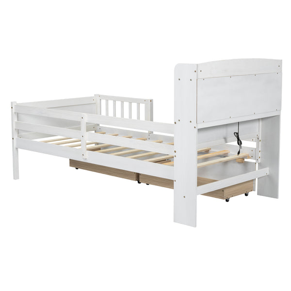 English Elm Wood Twin Size Platform Bed with Built-in LED Light, Multifunctional Headboard, Guardrail & Storage Drawers White N709P243969K