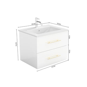 English Elm 24-Inch Wall-Mounted Vanity With Ceramic Sink, Dual Drawers, Gold Handles, Space-Saving Design W3151S00038