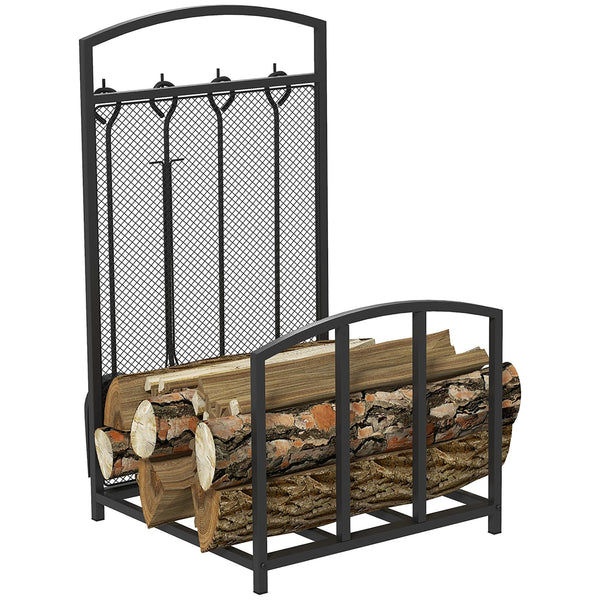 English Elm HOMCOM Black Firewood Rack with 4-Piece Fireplace Tool Set, 220lb Capacity Indoor/Outdoor Log Holder W2225P229413