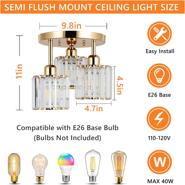 English Elm Modern Semi Flush Mount Crystal Ceiling Light - 3-Light Golden Fixture with Clear Prismatic Shades for Bedroom Hallway Kitchen Bath W2738P185420