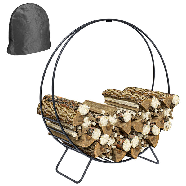 English Elm Outsunny 40" Firewood Rack with Waterproof Zipper Cover, Heavy-Duty 220lb Log Hoop for Indoor/Outdoor W2225P229255