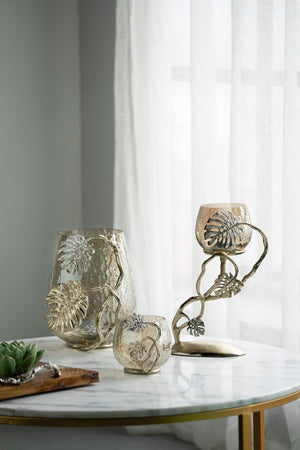English Elm 9.8x8.5x10.8" Palm Motif Hurricane Holder Silver Aluminum Smoke Glass Mantel Decor W2078P490401
