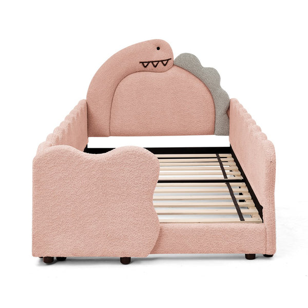 English Elm Twin Dinosaur Boucle Upholstered Kids Bed Solid Wood Frame with Padded Safety Rails Pink W1413P384917