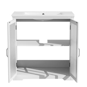 English Elm Christopher Knight Home® - 30" Modern Bathroom Vanity with Ceramic Sink, Tempered Blurred Glass Doors, Rubber Wood Frame Storage White N817P279904W