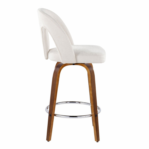 English Elm Fixed-height Swivel Counterstools with Walnut Legs Chrome Footrest and White Upholstery B202S01788