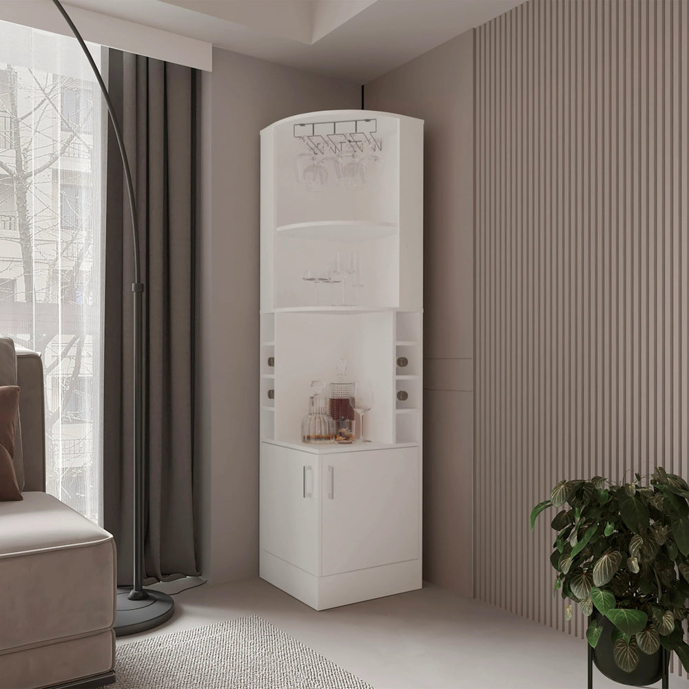 English Elm White Corner Bar Cabinet Tall with Wine Bottle Rack, Built-In Glass Holder, 4 Shelves, Modern Storage B062S00607