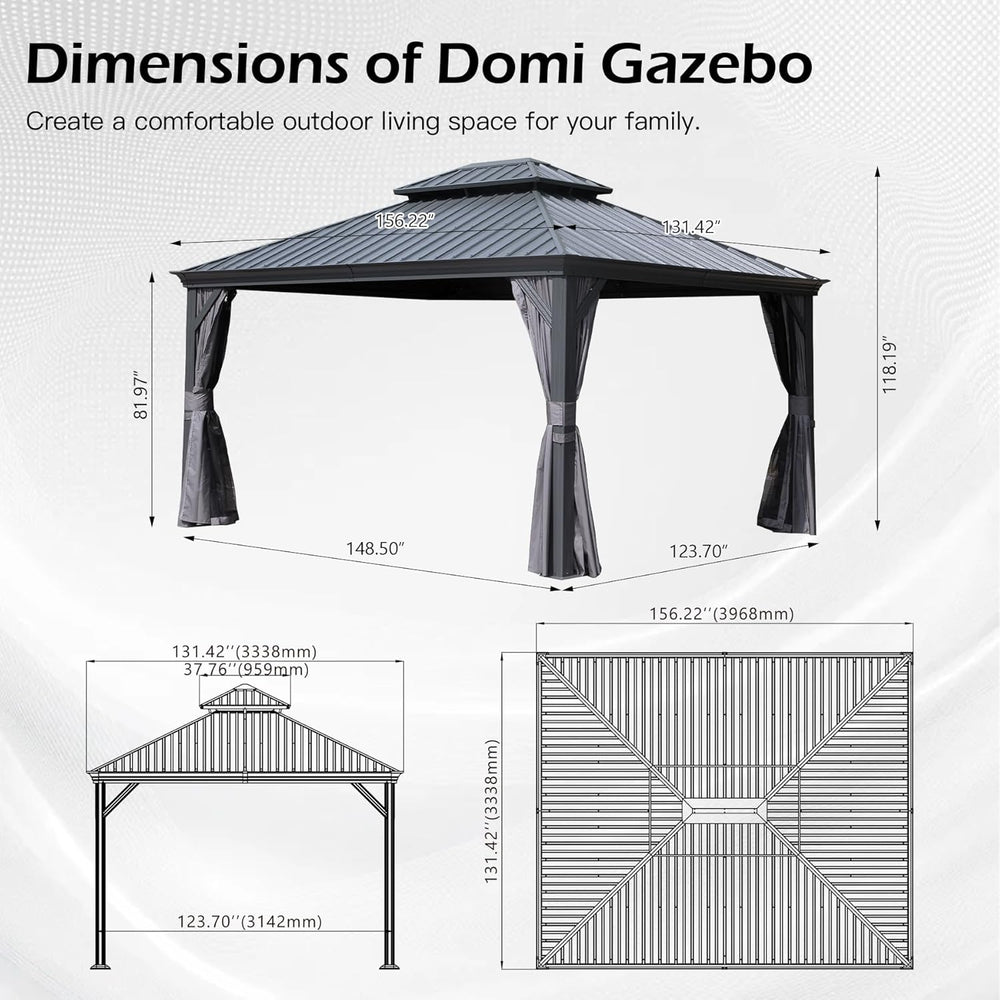 English Elm 13x13ft Hardtop Gazebo Galvanized Steel Vented Double Roof with Curtains Netting Patio Gray W1859S00201