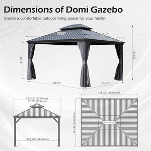 English Elm 13x13ft Hardtop Gazebo Galvanized Steel Vented Double Roof with Curtains Netting Patio Gray W1859S00201