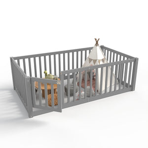 English Elm Twin Floor Bed Pine Wood Frame with Guardrails and Door for Safe Toddler Sleep Gray W1580P418051