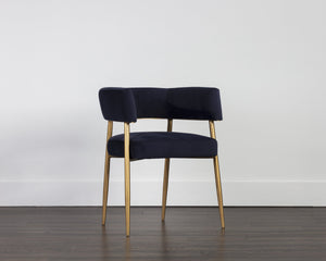 Sunpan Maestro Contemporary Dining Armchair with Curved Frame and Antique Brass Legs for Elegant Dining Abbington Navy