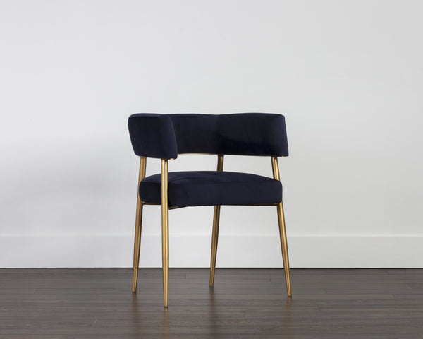 Sunpan Maestro Contemporary Dining Armchair with Curved Frame and Antique Brass Legs for Elegant Dining Abbington Navy