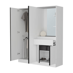 English Elm CaneMulti-Functional Wardrobe & Vanity with Mirror, Hanging Rod, Shelves, Drawer — Space-Saving White B128S00179