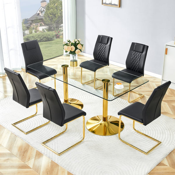 English Elm Scalable Extendable Dining Set with Wood Grain Table and Gray Linen Chairs 8 Piece Black,Gold,Transparent W1151S04560