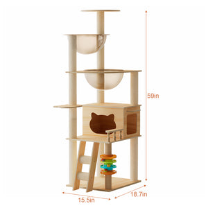 English Elm 59" Modern Wood Cat Tower with Sisal Posts Acrylic Hammock and Elevated Perch W3101P383595