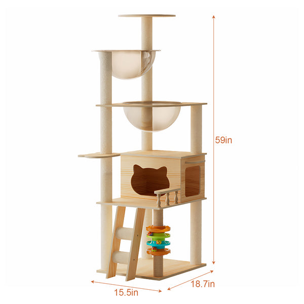 English Elm 59" Modern Wood Cat Tower with Sisal Posts Acrylic Hammock and Elevated Perch W3101P383595