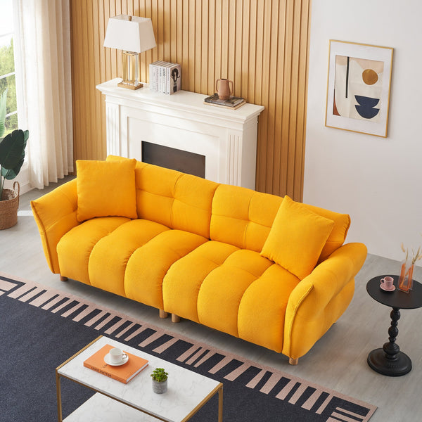 English Elm 93.70 Plush Teddy Sofa with Solid Wood Legs, 3-Seater Comfortable Sponge Cushions & Two Pillows Yellow W3356S00026