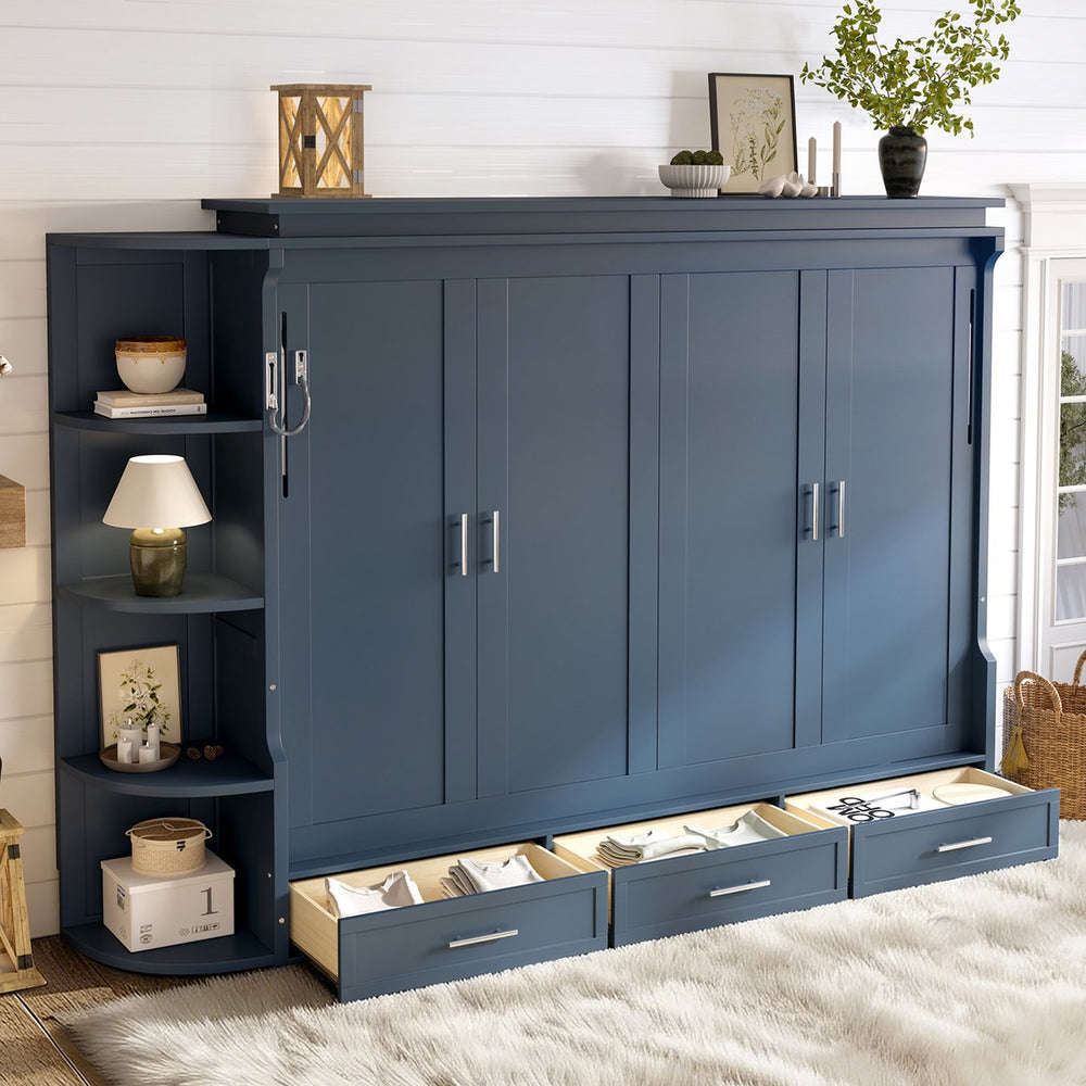 English Elm Queen Murphy Wall Bed with Side Cabinets Open Shelving and Drawers for Studio Rooms Blue W1580S00453