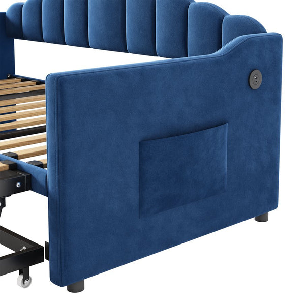 English Elm Upholstered Twin Daybed with Pop up Trundle Velvet Frame and Built in Usb Charging Blue N733S410648C