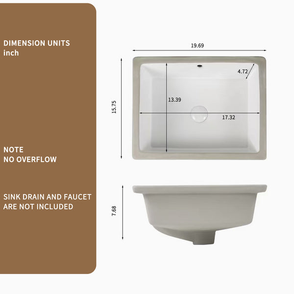 English Elm Rectangular Undermount Ceramic Basin White Glazed Vanity Sink with Overflow Protection W3402P326494