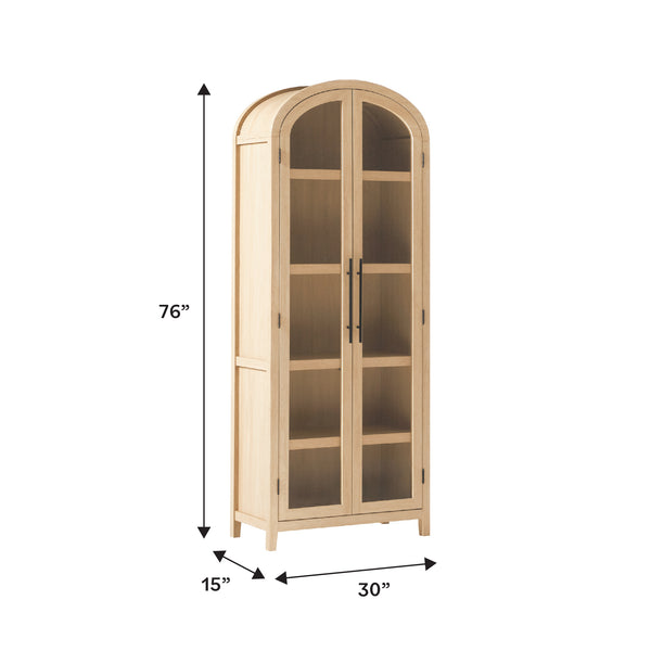 English Elm Walker Edison - Modern 5 Shelf Arched Tall Bookcase with Tempered Glass Doors, MDF Durability, Sleek Metal Handles, Showcase Pieces in Living and Office Spaces Oak 72.31 L x 19.01 W x 15 H B185S00025