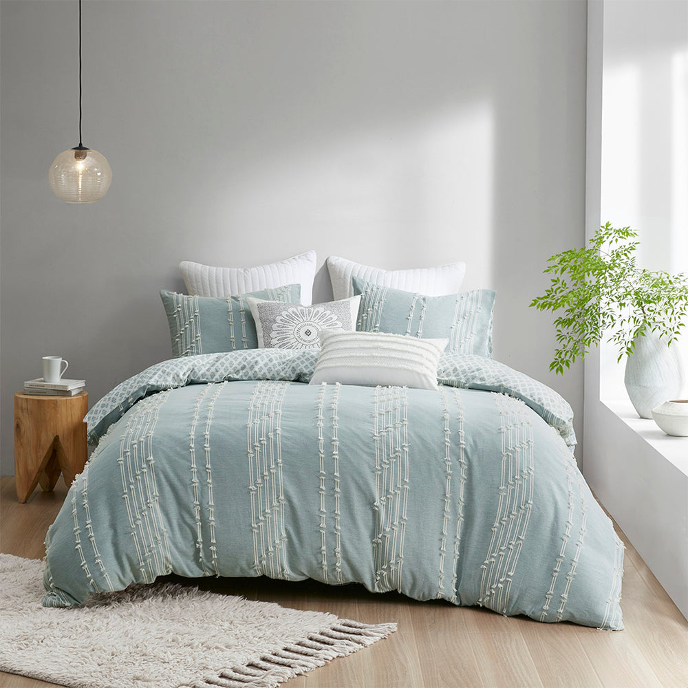 JLA Home INK+IVY - 3 INK+IVY Kara Cotton Jacquard Duvet Set — Reversible Aqua Diamond & Stripe Design, Breathable OEKO-TEX Comfort 92 L x 104 W x 0.25H II12-1107