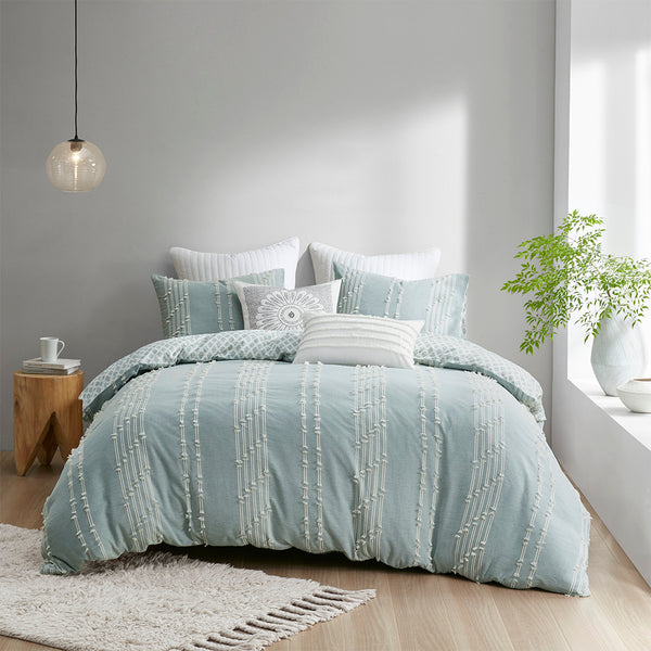 JLA Home INK+IVY - 3 INK+IVY Kara Cotton Jacquard Duvet Set — Reversible Aqua Diamond & Stripe Design, Breathable OEKO-TEX Comfort 92 L x 104 W x 0.25H II12-1107
