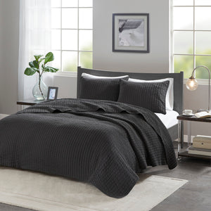 English Elm 3 Piece Keaton Reversible Quilt Set Black King/Cal King - Microfiber Brushed, Antimicrobial, Farmhouse Style Bedding B035129042