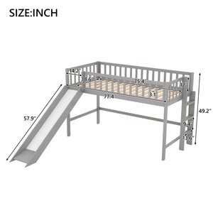 English Elm Twin Low Loft Bed with Slide and Ladder — Space-Saving Pine & MDF Frame, Quiet Durable Design Gray WF286078AAE
