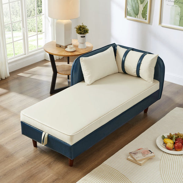 English Elm 65" Velvet Storage Chaise Lounge with Pu Leather Panels Eucalyptus Frame Accent Seat Beige+Blue W1097P434117