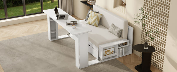 English Elm Full Size Daybed with Hydraulic Desk Armrests Storage Drawer and Sofa Seating White LT000271AAK