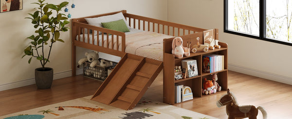English Elm Twin Platform Kids Bed with Slide Ladder Guardrails Storage Shelf Wood Frame Walnut N733S415411M