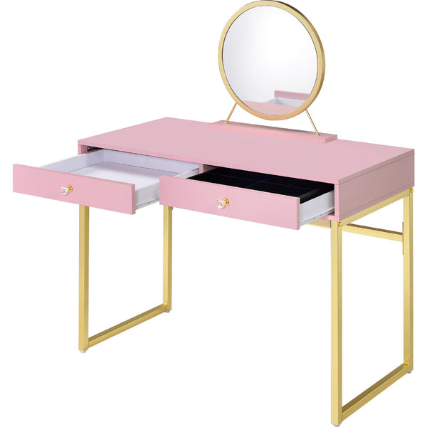 English Elm 2 Drawers Vanity Desk With Mirror & Jewelry Tray - Chic Pink & Gold Design For Elegant Spaces B016P317466