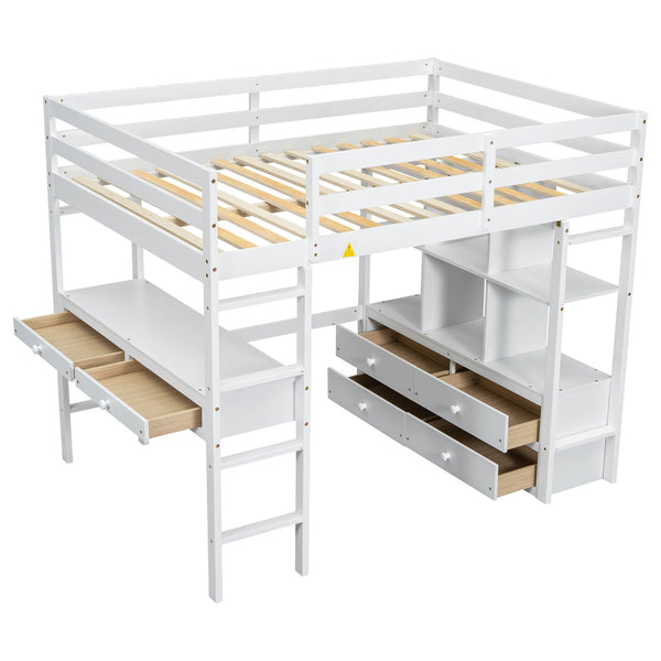English Elm Full Loft Bed with Built-in Desk, 4 Drawers, 6 Shelves, Pine/MDF White — Space-Saving Study Loft SM000320AAK