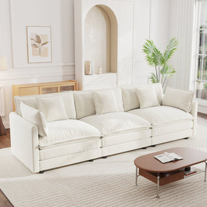 English Elm Mid-century Modern Chenille Sofa with Tapered Wood Legs and Five Accent Pillows W714S00557