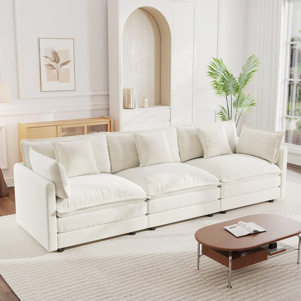 English Elm Mid-century Modern Chenille Sofa with Tapered Wood Legs and Five Accent Pillows W714S00557