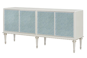 English Elm Ansaldo Pearl White Console Cabinet with Silver Shimmer, French Provincial Glass Doors & Turned Legs B2726P285786
