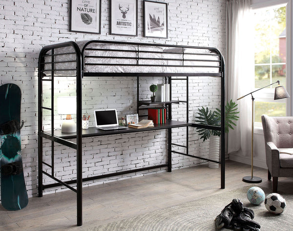 English Elm Black Twin Bunk Bed with Built-In Desk and Shelves, Heavy-Duty Metal Frame, Safe Guard Rails Black 78 L x 44 W x 8 H B2741P351282