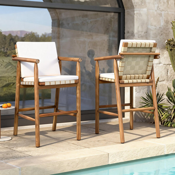 English Elm Outdoor Acacia Wood Counter Stools Set of 2 with Woven Seat and Beige Cushions N704P383163A