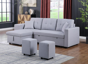 English Elm Dino Linen Tufted Sleeper Sectional with Reversible Chaise Storage and Two Ottomans Light Gray B2749S00202